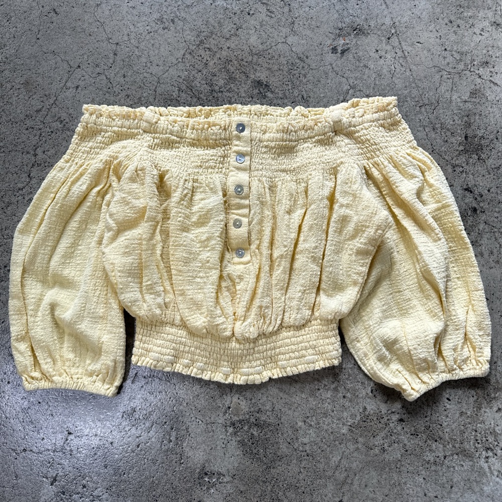 Stolen hearts crop top off the shoulder milkmaid peasant boho top size S yellow